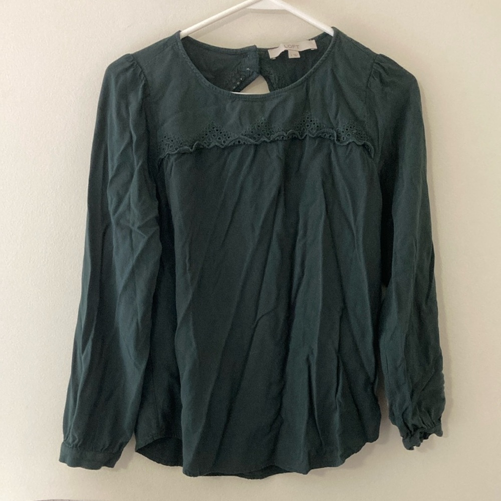 LOFT Green Ruffled Blouse with Bib Collar
